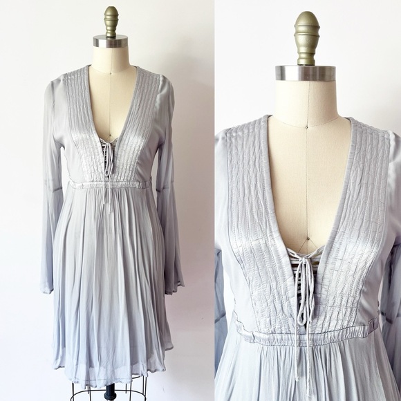 Anthropologie GHOST London Bell Sleeve Light Blue Gray Dress Button Back - Picture 1 of 9